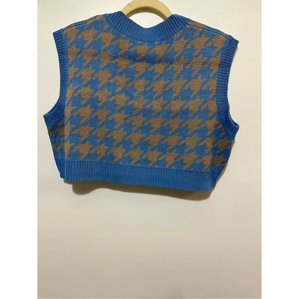 HOUNDSTOOTH LOOSE CROP V NECK VEST